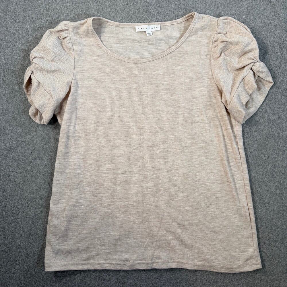 JANE + DELANCEY Women's Small Beige Textured Puff Sleeve Ruched Knit Top Blouse